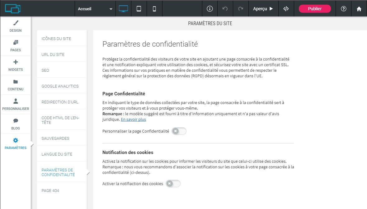 Simply Site - Paramètres de confidentialite