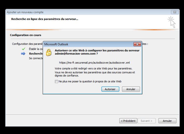 Configuration automatique Outlook 2010 - Autoriser