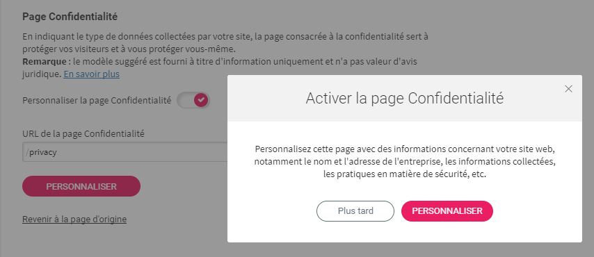 Simply Site - Activer la page de confidentialite