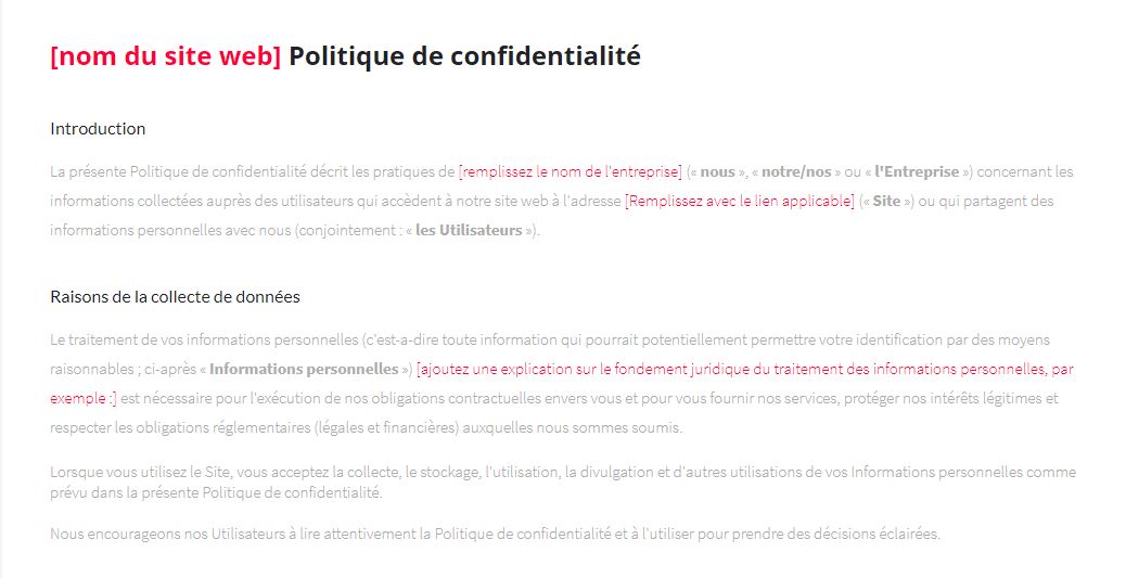 Simply Site - Nom du site web Politique de confidentialite